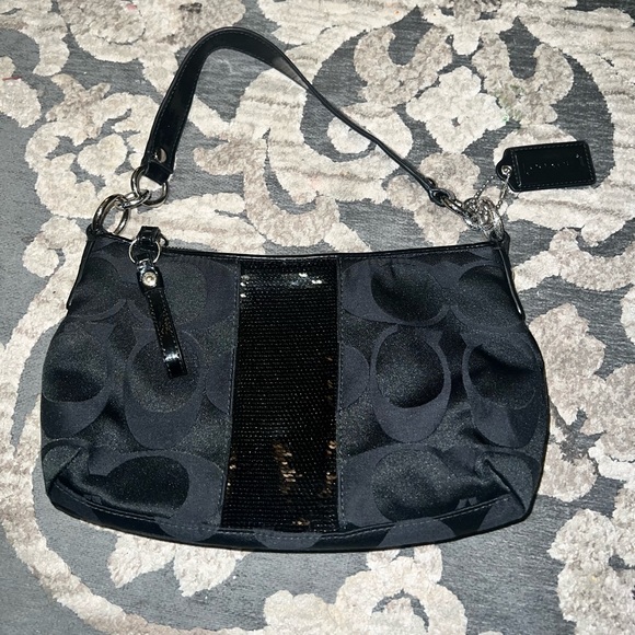 COACH DEMI BLACK SIGNATURE SATEEN
SEQUINED STRIPE HOBO HANDBAG - Picture 6 of 6